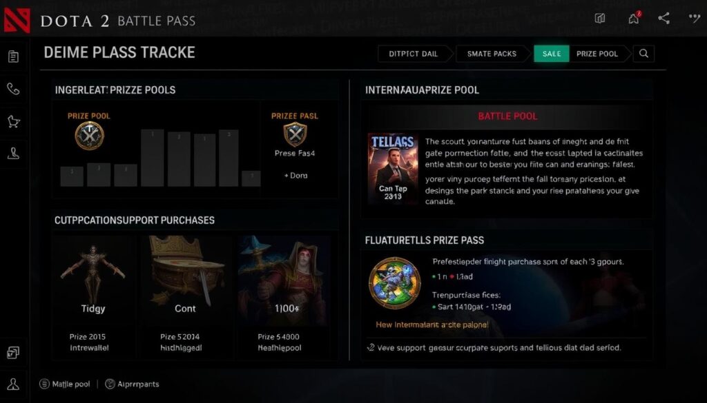 Dota 2 Battle Pass interface showing crowdfunding features Dota 2 Battle Pass interface showing crowdfunding features