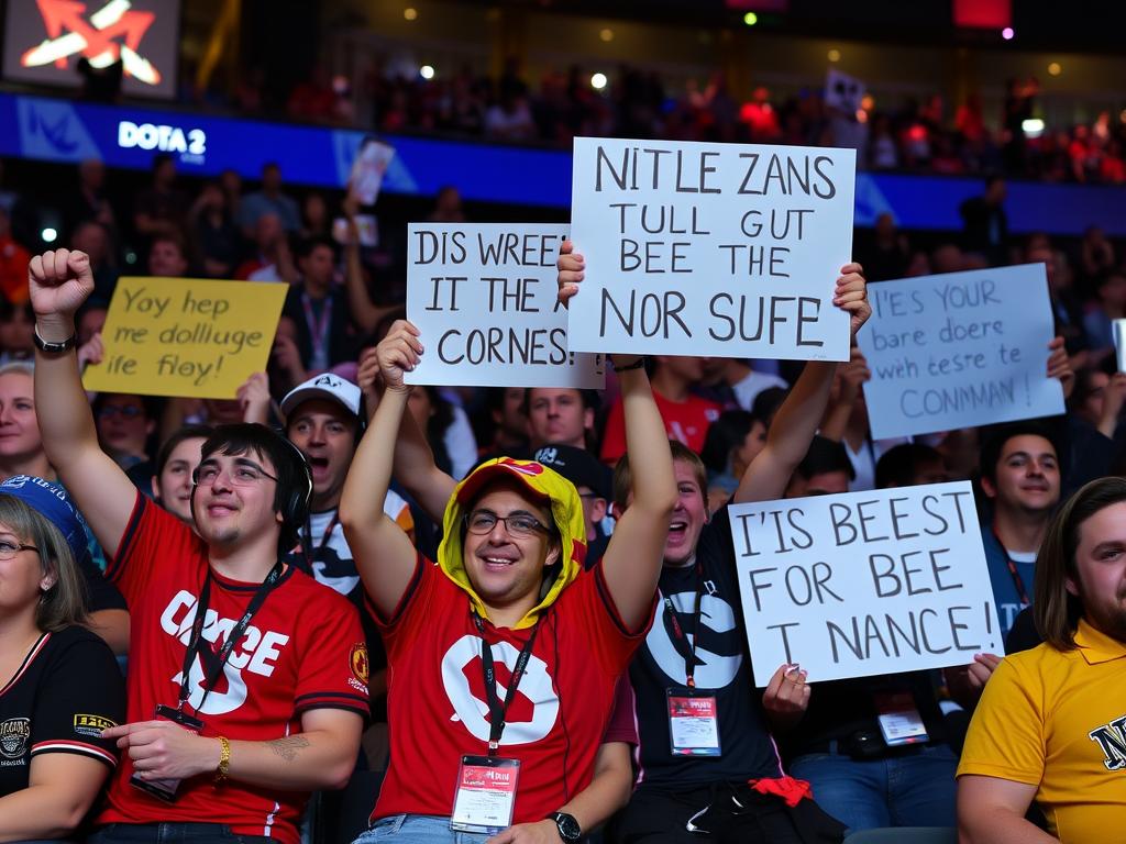 Dota 2 fans with signs and costumes at The International Dota 2 fans with signs and costumes at The International