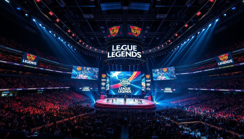 League of Legends World Championship stage with teams competing and a massive audience