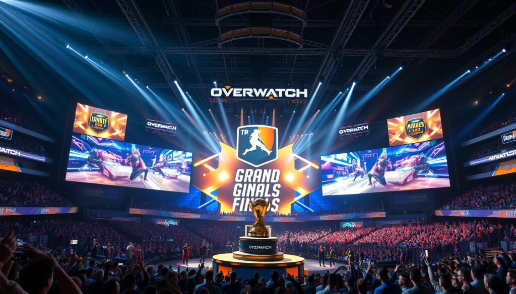 Overwatch League Grand Finals stage with teams competing and character abilities creating visual spectacle