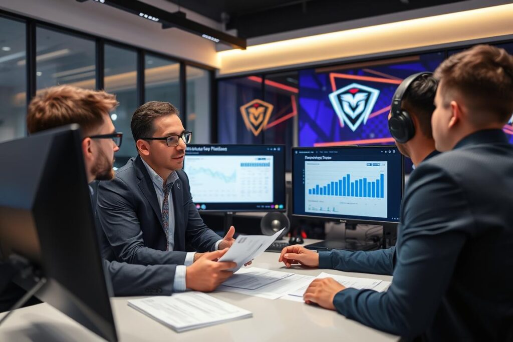 Professional in business attire working in an esports organization office Professional in business attire working in an esports organization office