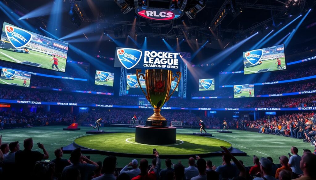 Rocket League Championship Series World Championship arena with teams competing and the iconic trophy displayed