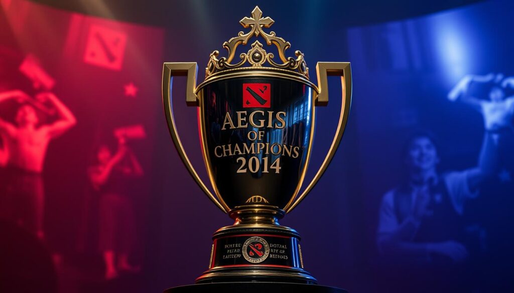 The Aegis of Champions trophy with historic Dota 2 moments The Aegis of Champions trophy with historic Dota 2 moments