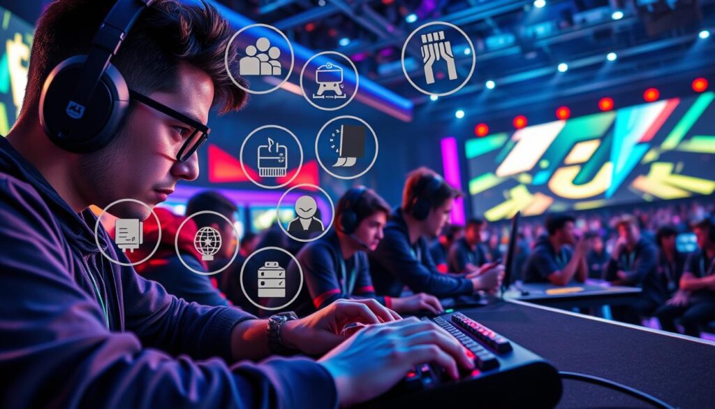 A vibrant, cinematic scene depicting the essential skills for gaming careers. In the foreground, a determined gamer intensely focuses on their screen, fingers flying across a high-end gaming keyboard. Surrounding them, a collage of diverse skill icons hovers in the air - tactical thinking, quick reflexes, problem-solving, teamwork, communication, and perseverance. In the middle ground, a group of professional esports players strategize and collaborate, their expressions intense yet composed. The background showcases a futuristic gaming arena, with towering screens, pulsing RGB lighting, and an energetic audience cheering on the action. The overall mood is one of competitive drive, technical mastery, and the thrill of high-stakes gaming. A vibrant, cinematic scene depicting the essential skills for gaming careers. In the foreground, a determined gamer intensely focuses on their screen, fingers flying across a high-end gaming keyboard. Surrounding them, a collage of diverse skill icons hovers in the air - tactical thinking, quick reflexes, problem-solving, teamwork, communication, and perseverance. In the middle ground, a group of professional esports players strategize and collaborate, their expressions intense yet composed. The background showcases a futuristic gaming arena, with towering screens, pulsing RGB lighting, and an energetic audience cheering on the action. The overall mood is one of competitive drive, technical mastery, and the thrill of high-stakes gaming.