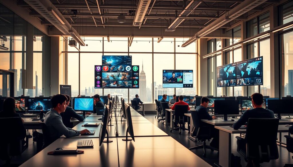 A brightly lit, modern office space with sleek, minimalist desks and chairs. In the foreground, a group of journalists sit intently at their computer screens, their expressions focused and determined. In the middle ground, large displays show various esports tournament streams, news headlines, and social media feeds. The background features high ceilings, large windows, and a skyline visible in the distance, creating a sense of openness and professionalism. The lighting is warm and inviting, casting a subtle glow over the entire scene. The atmosphere is one of productivity, innovation, and a deep passion for the world of esports.
