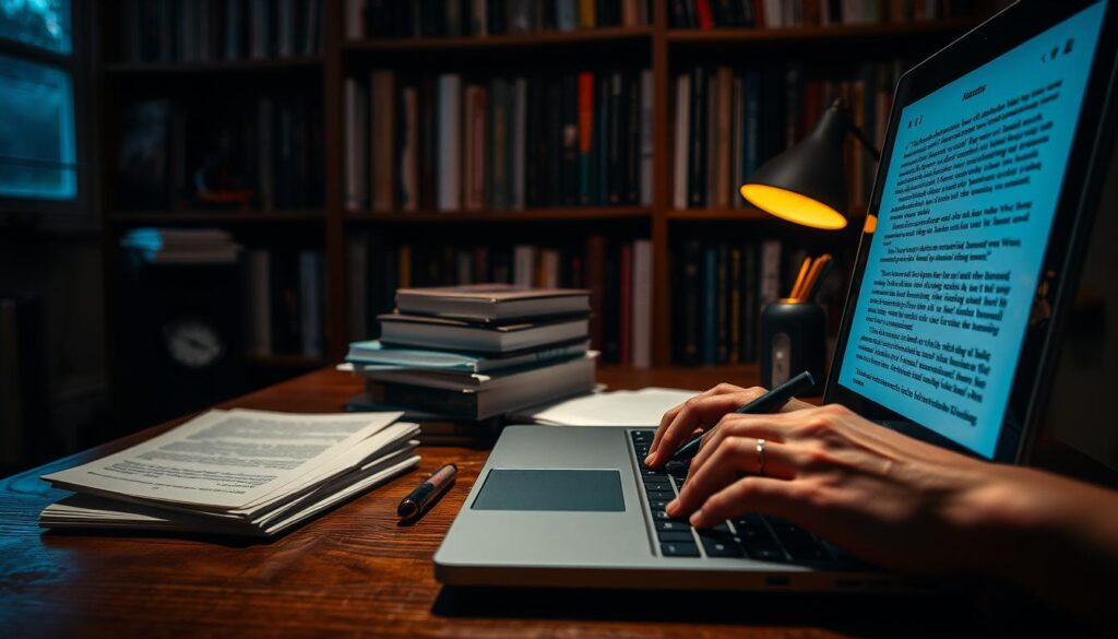 A dimly lit study room, with a cozy atmosphere and warm lighting. In the foreground, a laptop rests on a wooden desk, its screen displaying lines of eloquent, well-crafted text. The hands of a skilled writer hover over the keyboard, fingers dancing with precision and focus. In the middle ground, a stack of reference books and notes, a testament to the research and dedication required for effective esports journalism. The background features a bookshelf filled with volumes on media, storytelling, and the intricacies of the gaming industry, creating a sense of intellectual depth and expertise. The overall scene conveys the essential skills of an esports journalist: a keen eye for detail, a passion for compelling narratives, and a deep understanding of the nuances that make this dynamic industry unique.