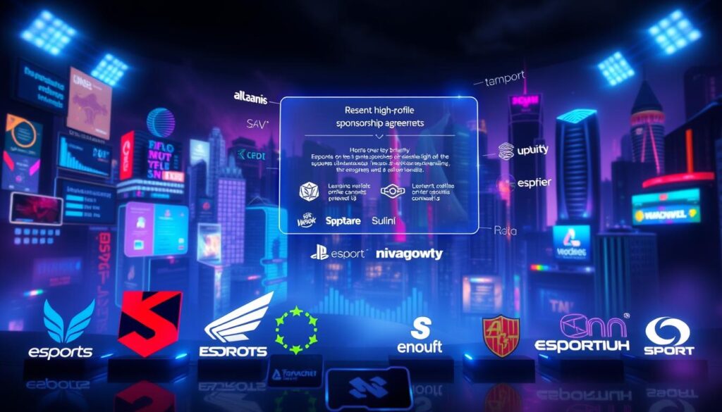 A dynamic and vibrant esports landscape with a focus on brand deals and sponsorship trends. In the foreground, sleek, futuristic logos of top esports organizations and gaming brands stand out against a backdrop of colorful data visualizations, highlighting the rapid growth and evolution of the industry. The middle ground features a holographic display showcasing recent high-profile sponsorship agreements, while the background is a moody, neon-lit cityscape, symbolizing the urban, tech-savvy nature of the esports ecosystem. The overall scene conveys a sense of excitement, innovation, and the boundless potential of the esports sponsorship market.