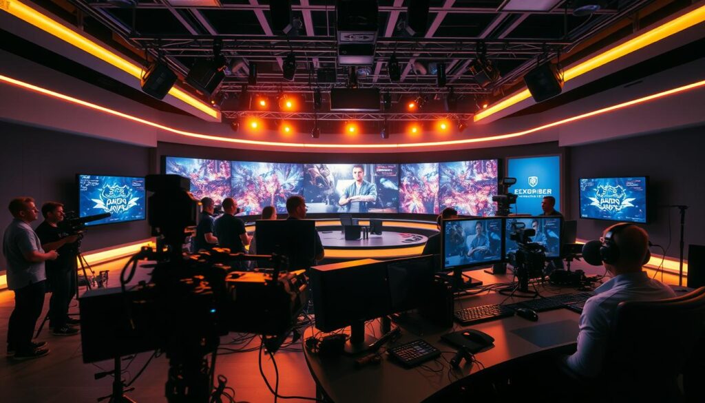A professional esports broadcast studio, bathed in a warm, ambient lighting. In the foreground, a sleek production desk adorned with high-tech equipment - cameras, microphones, and video monitors. Behind it, a team of talented individuals, each focused on their respective roles, crafting a seamless esports broadcast. In the middle ground, a large, curved video wall displays vibrant gameplay footage, creating an immersive atmosphere. The background features a clean, minimalist set design, with subtle branding elements that tie the whole scene together. The overall mood is one of high-energy, precision, and the relentless pursuit of esports broadcasting excellence. A professional esports broadcast studio, bathed in a warm, ambient lighting. In the foreground, a sleek production desk adorned with high-tech equipment - cameras, microphones, and video monitors. Behind it, a team of talented individuals, each focused on their respective roles, crafting a seamless esports broadcast. In the middle ground, a large, curved video wall displays vibrant gameplay footage, creating an immersive atmosphere. The background features a clean, minimalist set design, with subtle branding elements that tie the whole scene together. The overall mood is one of high-energy, precision, and the relentless pursuit of esports broadcasting excellence.