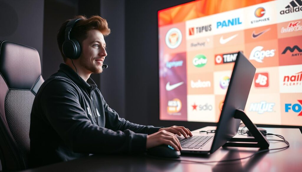 A professional esports player sits at their gaming setup, laptop, gaming mouse, and headphones on a sleek, modern desk. In the background, a vibrant digital display shows various sponsor logos, representing the lucrative partnerships that power the esports ecosystem. Soft, dramatic lighting illuminates the scene, creating an atmosphere of focus and determination. The player's expression exudes a sense of pride and accomplishment, reflecting the prestige and recognition that comes with securing high-profile sponsorships. The overall composition emphasizes the intersection of technology, brand influence, and the hard work of esports professionals.