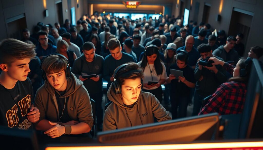 A university esports recruitment event, captured in a cinematic wide-angle shot. In the foreground, a group of student gamers are engaged in a competitive match, their faces illuminated by the glow of screens. Behind them, a panel of coaches and scouts observe intently, taking notes on clipboards. In the background, a bustling crowd of prospective recruits mingles, some holding gaming peripherals, others discussing strategies. Warm, soft lighting casts a collegiate atmosphere, while the high-contrast shadows create a sense of intensity and focus. The scene conveys the excitement and opportunity of the varsity esports recruitment process. A university esports recruitment event, captured in a cinematic wide-angle shot. In the foreground, a group of student gamers are engaged in a competitive match, their faces illuminated by the glow of screens. Behind them, a panel of coaches and scouts observe intently, taking notes on clipboards. In the background, a bustling crowd of prospective recruits mingles, some holding gaming peripherals, others discussing strategies. Warm, soft lighting casts a collegiate atmosphere, while the high-contrast shadows create a sense of intensity and focus. The scene conveys the excitement and opportunity of the varsity esports recruitment process.
