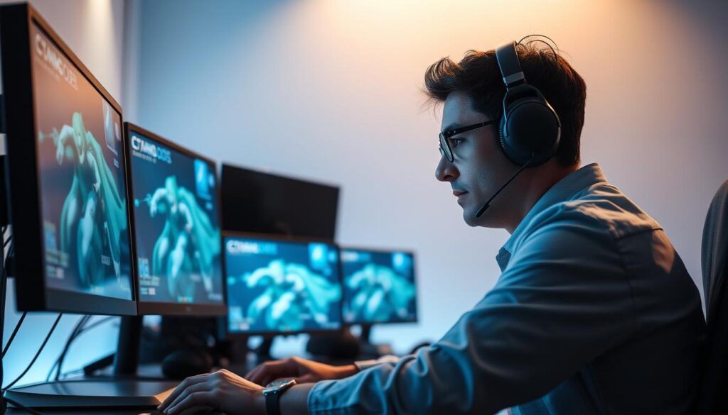 A well-lit and professionally-framed studio scene showcasing an esports commentator skillfully analyzing gameplay on multiple monitors, with a clean and minimalist backdrop that highlights the subject's concentration and expertise. Soft directional lighting creates depth and shadows, emphasizing the commentator's focused expression. The camera angle is slightly elevated, creating an authoritative and cinematic perspective. The overall mood is one of professionalism, expertise, and passion for the esports industry. A well-lit and professionally-framed studio scene showcasing an esports commentator skillfully analyzing gameplay on multiple monitors, with a clean and minimalist backdrop that highlights the subject's concentration and expertise. Soft directional lighting creates depth and shadows, emphasizing the commentator's focused expression. The camera angle is slightly elevated, creating an authoritative and cinematic perspective. The overall mood is one of professionalism, expertise, and passion for the esports industry.