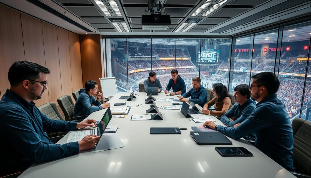 A well-lit conference room, with a long table surrounded by esports team members engaged in intense discussions. In the foreground, a team manager scrutinizes spreadsheets and schedules on a laptop, coordinating travel logistics, equipment procurement, and event planning. The middle ground features team staff members collaborating on whiteboards, mapping out itineraries and strategizing player rotations. In the background, a panoramic window offers a view of a bustling esports arena, hinting at the grand scale of the event operations. The mood is one of professional focus, with a touch of anticipation for the upcoming tournament.