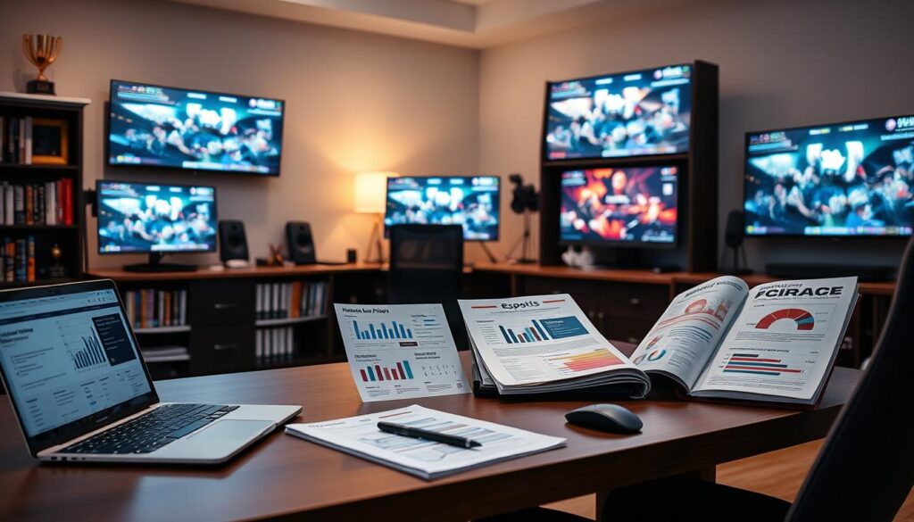 A well-lit, professional home office setting showcasing an esports analyst's portfolio. In the foreground, a desk with a sleek laptop, wireless mouse, and notepad. On the desk, various printed reports, charts, and infographics highlighting data-driven insights and strategic recommendations. In the middle ground, bookcases filled with industry publications and trophies, hinting at the analyst's expertise. The background features large monitors displaying live esports matches, conveying the dynamic nature of the industry. Soft, warm lighting creates a focused, productive atmosphere, reflecting the analyst's dedication to their craft. A well-lit, professional home office setting showcasing an esports analyst's portfolio. In the foreground, a desk with a sleek laptop, wireless mouse, and notepad. On the desk, various printed reports, charts, and infographics highlighting data-driven insights and strategic recommendations. In the middle ground, bookcases filled with industry publications and trophies, hinting at the analyst's expertise. The background features large monitors displaying live esports matches, conveying the dynamic nature of the industry. Soft, warm lighting creates a focused, productive atmosphere, reflecting the analyst's dedication to their craft.