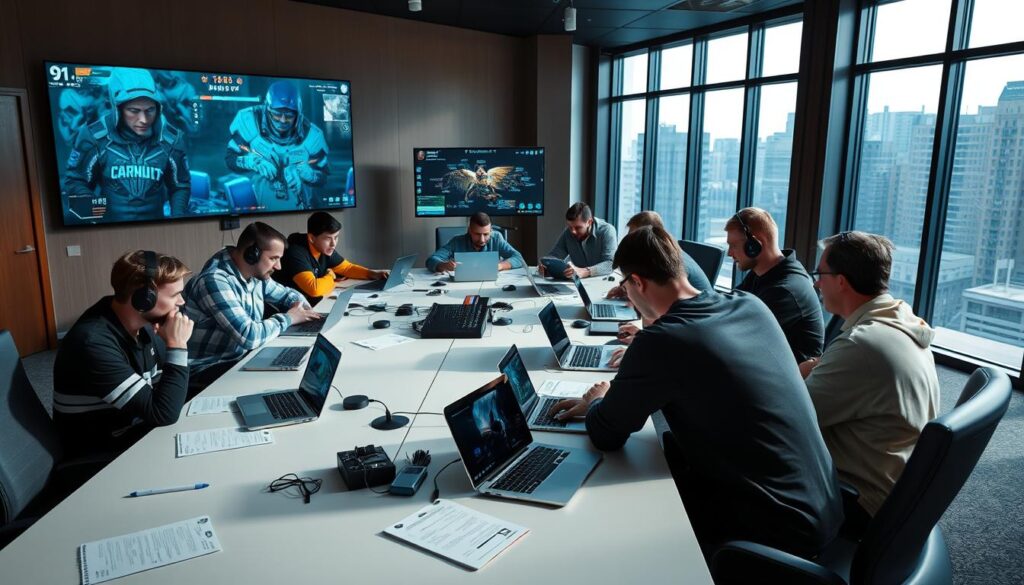 a conference room with a large table, teams of esports players and coaches gathered around it, intently discussing strategy and game plans, laptops and notepads scattered across the table, multiple screens displaying gameplay footage and analytics, the room is well-lit with natural light filtering in through large windows, a sense of focus and intensity as the teams work together to fine-tune their approach, the overall atmosphere is one of collaboration and determination to achieve victory. a conference room with a large table, teams of esports players and coaches gathered around it, intently discussing strategy and game plans, laptops and notepads scattered across the table, multiple screens displaying gameplay footage and analytics, the room is well-lit with natural light filtering in through large windows, a sense of focus and intensity as the teams work together to fine-tune their approach, the overall atmosphere is one of collaboration and determination to achieve victory.