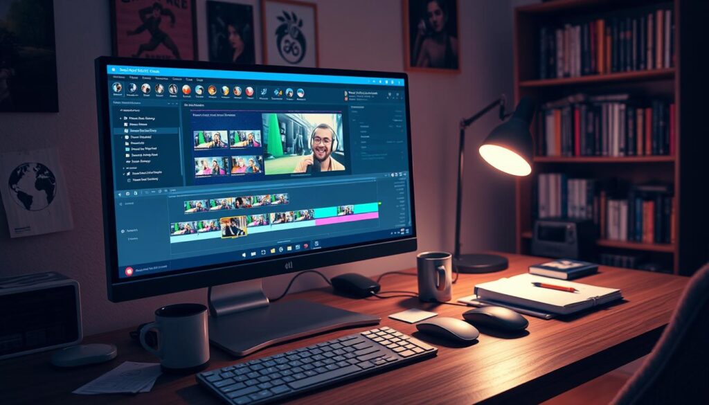 A detailed image depicting a social content editing timeline, focusing on the split tool interface, set in a cozy home office environment. In the foreground, illustrate a modern computer monitor displaying a vibrant editing software timeline filled with colorful video clips and distinct split tool icons, with a sleek keyboard and mouse nearby. In the middle ground, include a stylish desk cluttered with notes, headphones, and a coffee mug, enhancing the creative workspace atmosphere. In the background, place soft ambient lighting from a desk lamp, casting a warm glow, complemented by a bookshelf filled with gaming and editing books. The mood is focused yet relaxed, ideal for a content creator working on stream highlights. The angle should be slightly tilted to capture the entire workspace dynamic, without any text or branding elements. A detailed image depicting a social content editing timeline, focusing on the split tool interface, set in a cozy home office environment. In the foreground, illustrate a modern computer monitor displaying a vibrant editing software timeline filled with colorful video clips and distinct split tool icons, with a sleek keyboard and mouse nearby. In the middle ground, include a stylish desk cluttered with notes, headphones, and a coffee mug, enhancing the creative workspace atmosphere. In the background, place soft ambient lighting from a desk lamp, casting a warm glow, complemented by a bookshelf filled with gaming and editing books. The mood is focused yet relaxed, ideal for a content creator working on stream highlights. The angle should be slightly tilted to capture the entire workspace dynamic, without any text or branding elements.