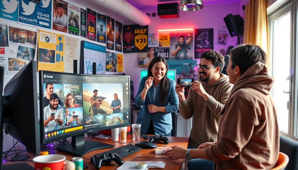 A dynamic digital workspace showcasing a diverse group of individuals in modest casual clothing, enthusiastically promoting gaming clips on various social media platforms like Twitter, TikTok, and Instagram. In the foreground, a large computer monitor displays colorful gaming highlights and engaging videos, surrounded by game controllers, snacks, and drinks. In the middle section, a lively discussion occurs between two people, one holding a smartphone capturing gameplay footage, while the other gestures excitedly, conveying enthusiasm. The background features a colorful, vibrant gaming room, adorned with posters, LED lights, and gaming equipment, creating an inviting atmosphere. Natural daylight streams through a window, casting a warm glow, enhancing the energetic and collaborative mood of the scene. A dynamic digital workspace showcasing a diverse group of individuals in modest casual clothing, enthusiastically promoting gaming clips on various social media platforms like Twitter, TikTok, and Instagram. In the foreground, a large computer monitor displays colorful gaming highlights and engaging videos, surrounded by game controllers, snacks, and drinks. In the middle section, a lively discussion occurs between two people, one holding a smartphone capturing gameplay footage, while the other gestures excitedly, conveying enthusiasm. The background features a colorful, vibrant gaming room, adorned with posters, LED lights, and gaming equipment, creating an inviting atmosphere. Natural daylight streams through a window, casting a warm glow, enhancing the energetic and collaborative mood of the scene.