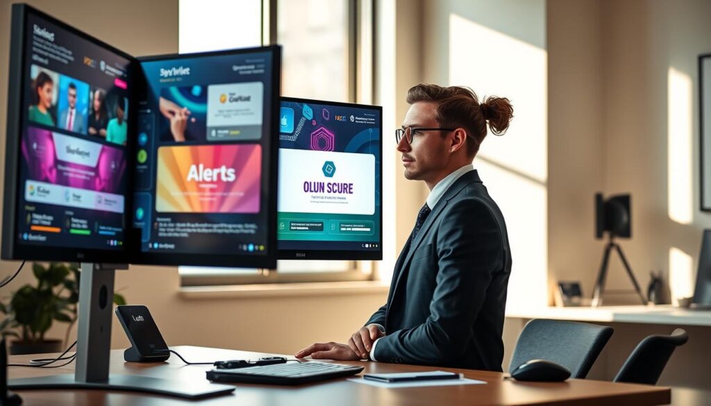 A modern digital workspace with a focus on overlays and alerts. In the foreground, a sleek computer monitor displays vibrant and dynamic overlay graphics, showcasing colorful alert notifications and elegant branding elements. The middle area features a professional individual in business attire, intently analyzing the overlays, with an expression of engagement and focus. Soft, natural lighting from a nearby window enhances the scene, casting gentle shadows. In the background, a stylish office environment with minimalistic decor creates a sophisticated ambiance, while unobtrusive tech gadgets provide context. The overall mood is innovative and professional, inviting viewers into the world of channel aesthetics and modern branding strategies. A modern digital workspace with a focus on overlays and alerts. In the foreground, a sleek computer monitor displays vibrant and dynamic overlay graphics, showcasing colorful alert notifications and elegant branding elements. The middle area features a professional individual in business attire, intently analyzing the overlays, with an expression of engagement and focus. Soft, natural lighting from a nearby window enhances the scene, casting gentle shadows. In the background, a stylish office environment with minimalistic decor creates a sophisticated ambiance, while unobtrusive tech gadgets provide context. The overall mood is innovative and professional, inviting viewers into the world of channel aesthetics and modern branding strategies.