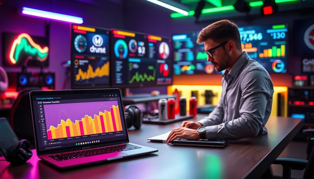 A vibrant and dynamic digital workspace showcasing streamer sponsorship analytics. In the foreground, a sleek laptop displays colorful graphs and charts representing subscriber growth and sponsorship metrics. Next to the laptop, a professional individual, dressed in smart casual attire, attentively analyzes the data, implying focus and ambition. The middle ground features a modern desk adorned with gaming merchandise, energy drinks, and a high-resolution monitor showing live streaming stats. The background is softly blurred, revealing ambient lighting from neon lights that create a tech-savvy atmosphere, enhancing the sense of an engaged streaming environment. The overall mood is industrious and driven, capturing the essence of attracting sponsors in the streaming industry. Use bright lighting to emphasize the data while maintaining a clean, organized look. A vibrant and dynamic digital workspace showcasing streamer sponsorship analytics. In the foreground, a sleek laptop displays colorful graphs and charts representing subscriber growth and sponsorship metrics. Next to the laptop, a professional individual, dressed in smart casual attire, attentively analyzes the data, implying focus and ambition. The middle ground features a modern desk adorned with gaming merchandise, energy drinks, and a high-resolution monitor showing live streaming stats. The background is softly blurred, revealing ambient lighting from neon lights that create a tech-savvy atmosphere, enhancing the sense of an engaged streaming environment. The overall mood is industrious and driven, capturing the essence of attracting sponsors in the streaming industry. Use bright lighting to emphasize the data while maintaining a clean, organized look.