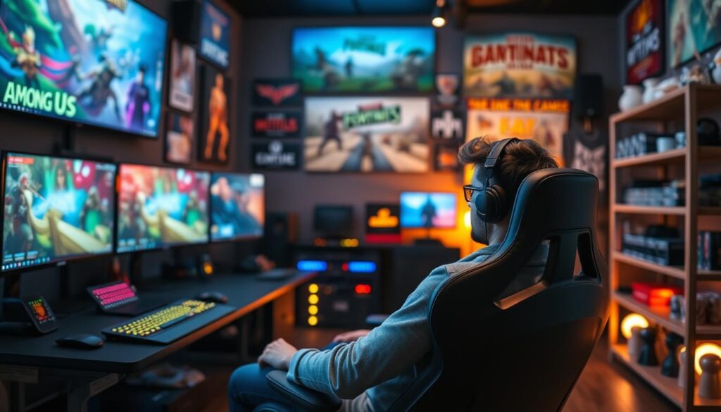 A vibrant and inviting gaming room, featuring a large computer setup with multiple monitors displaying popular strategic games known for streamer donations, such as "Among Us," "Fortnite," and "League of Legends." In the foreground, a professional streamer wearing casual gaming attire sits in an ergonomic chair, focused on the screens, embodying concentration and excitement. The middle ground shows glowing LED lights illuminating the room with an array of game memorabilia and merchandise, creating a lively atmosphere. In the background, soft bokeh effects from gaming posters and shelves filled with gaming equipment add depth. The scene is bathed in warm, ambient lighting, giving a welcoming vibe that suggests community and engagement, perfect for attracting donations. A vibrant and inviting gaming room, featuring a large computer setup with multiple monitors displaying popular strategic games known for streamer donations, such as "Among Us," "Fortnite," and "League of Legends." In the foreground, a professional streamer wearing casual gaming attire sits in an ergonomic chair, focused on the screens, embodying concentration and excitement. The middle ground shows glowing LED lights illuminating the room with an array of game memorabilia and merchandise, creating a lively atmosphere. In the background, soft bokeh effects from gaming posters and shelves filled with gaming equipment add depth. The scene is bathed in warm, ambient lighting, giving a welcoming vibe that suggests community and engagement, perfect for attracting donations.