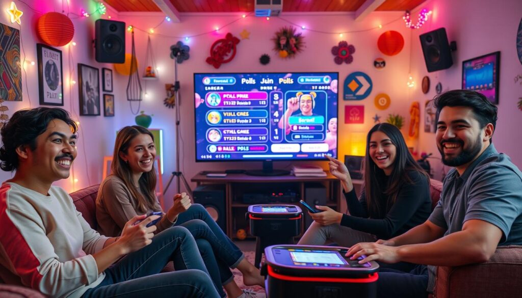 A vibrant, engaging scene depicting a lively livestreaming environment focused on interactive games and polls. In the foreground, a diverse group of four friends, casually dressed, are sitting in a cozy setup with gaming equipment, each enthusiastically engaged with their devices, showcasing expressions of excitement and interaction. In the middle, a large monitor brightly displays colorful poll results and animated game graphics, emphasizing viewer engagement. The background features a cozy room filled with LED lights and playful decorations, creating an inviting and energetic atmosphere. Soft, ambient lighting enhances the warmth, giving the scene an inviting and dynamic feel. The angle is slightly angled from above, capturing the entire setup in an engaging perspective. A vibrant, engaging scene depicting a lively livestreaming environment focused on interactive games and polls. In the foreground, a diverse group of four friends, casually dressed, are sitting in a cozy setup with gaming equipment, each enthusiastically engaged with their devices, showcasing expressions of excitement and interaction. In the middle, a large monitor brightly displays colorful poll results and animated game graphics, emphasizing viewer engagement. The background features a cozy room filled with LED lights and playful decorations, creating an inviting and energetic atmosphere. Soft, ambient lighting enhances the warmth, giving the scene an inviting and dynamic feel. The angle is slightly angled from above, capturing the entire setup in an engaging perspective.