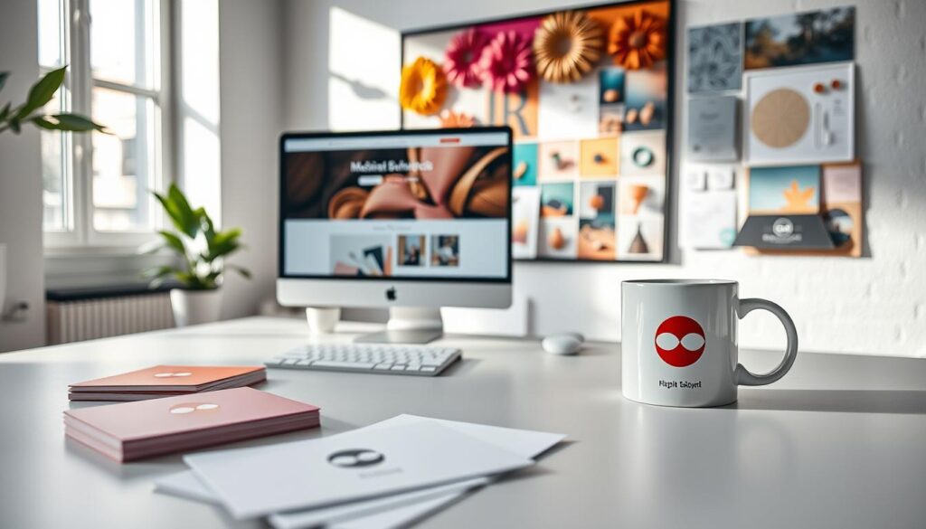 A visually striking composition showcasing cohesive branding elements, focused on a sleek workspace. In the foreground, a neatly arranged table features branded stationery, including business cards and a minimalist logo design, all in a harmonious color palette. The middle layer reveals a computer screen displaying a professional website with integrated branding elements, while a stylish coffee mug with the brand logo sits nearby. In the background, a vibrant mood board, adorned with fabric swatches, color samples, and inspiration images, highlights the consistency of the branding theme. Soft, natural lighting streams in from a window, creating an inviting atmosphere. The overall mood is professional, modern, and focused on growth through visual identity, inviting the viewer to appreciate the importance of cohesive branding. A visually striking composition showcasing cohesive branding elements, focused on a sleek workspace. In the foreground, a neatly arranged table features branded stationery, including business cards and a minimalist logo design, all in a harmonious color palette. The middle layer reveals a computer screen displaying a professional website with integrated branding elements, while a stylish coffee mug with the brand logo sits nearby. In the background, a vibrant mood board, adorned with fabric swatches, color samples, and inspiration images, highlights the consistency of the branding theme. Soft, natural lighting streams in from a window, creating an inviting atmosphere. The overall mood is professional, modern, and focused on growth through visual identity, inviting the viewer to appreciate the importance of cohesive branding.
