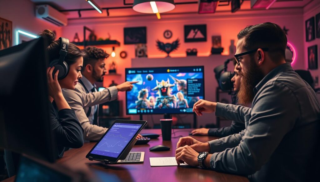 A dynamic scene depicting a Twitch raid strategy session, with a diverse group of four streamers intently collaborating at a modern workspace. In the foreground, a focused female streamer in smart casual attire adjusts her gaming headset, her desktop monitor displaying vivid Twitch analytics. To her left, a male streamer, dressed in business casual, points at a digital tablet, brainstorming ideas with enthusiasm. In the middle ground, a large screen shows a vibrant raid graphic of characters and chat interactions, capturing the excitement of raids. The background features a stylish, well-lit gaming room, filled with LED lights and gaming memorabilia, enhancing the atmosphere of teamwork and creativity. The warm lighting creates an inviting vibe, and the overall composition suggests collaboration and strategic planning. A dynamic scene depicting a Twitch raid strategy session, with a diverse group of four streamers intently collaborating at a modern workspace. In the foreground, a focused female streamer in smart casual attire adjusts her gaming headset, her desktop monitor displaying vivid Twitch analytics. To her left, a male streamer, dressed in business casual, points at a digital tablet, brainstorming ideas with enthusiasm. In the middle ground, a large screen shows a vibrant raid graphic of characters and chat interactions, capturing the excitement of raids. The background features a stylish, well-lit gaming room, filled with LED lights and gaming memorabilia, enhancing the atmosphere of teamwork and creativity. The warm lighting creates an inviting vibe, and the overall composition suggests collaboration and strategic planning.