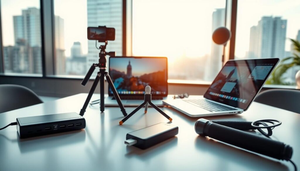 A highly detailed scene showcasing mobile streaming power gear arranged on a sleek, minimalist table in a well-lit urban workspace. In the foreground, a portable power bank with multiple charging ports sits beside a compact tripod equipped with a smartphone holder. The middle ground features a high-tech laptop displaying streaming software and a microphone designed for clarity. In the background, large windows offer a panoramic city view, with soft natural light pouring in. A warm and vibrant atmosphere is created by the interplay of daylight and the cool tones from the devices. The angle is slightly elevated, capturing the entire setup while emphasizing the modernity and efficiency of mobile streaming technology. The scene embodies a sense of professionalism and innovation, ideal for content creators on the go. A highly detailed scene showcasing mobile streaming power gear arranged on a sleek, minimalist table in a well-lit urban workspace. In the foreground, a portable power bank with multiple charging ports sits beside a compact tripod equipped with a smartphone holder. The middle ground features a high-tech laptop displaying streaming software and a microphone designed for clarity. In the background, large windows offer a panoramic city view, with soft natural light pouring in. A warm and vibrant atmosphere is created by the interplay of daylight and the cool tones from the devices. The angle is slightly elevated, capturing the entire setup while emphasizing the modernity and efficiency of mobile streaming technology. The scene embodies a sense of professionalism and innovation, ideal for content creators on the go.