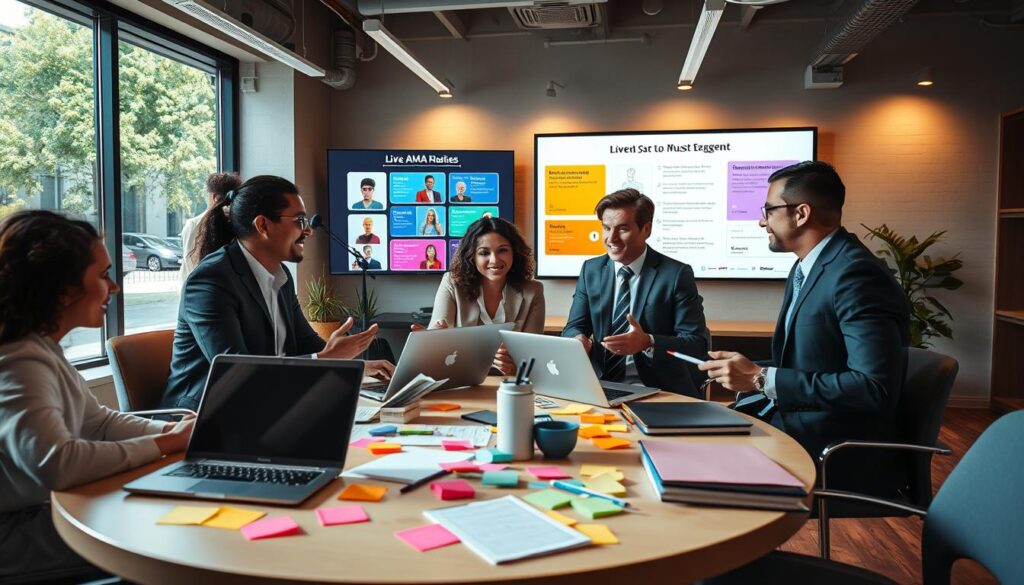 A lively and collaborative workspace featuring a group of four diverse professionals in business attire engaging in a brainstorming session for a live AMA event. In the foreground, a round table is cluttered with laptops, notebooks, and vibrant sticky notes. The middle ground showcases two individuals animatedly discussing ideas, while another person is taking notes, capturing the energy of collaboration. In the background, a large screen displays colorful graphics of potential guest profiles and engagement strategies, illuminated by soft, warm lighting for an inviting atmosphere. The scene is framed from a slightly elevated angle, giving a sense of openness and teamwork, with natural sunlight streaming through large windows to enhance the mood of creativity and productivity, all while ensuring a well-organized professional setting.