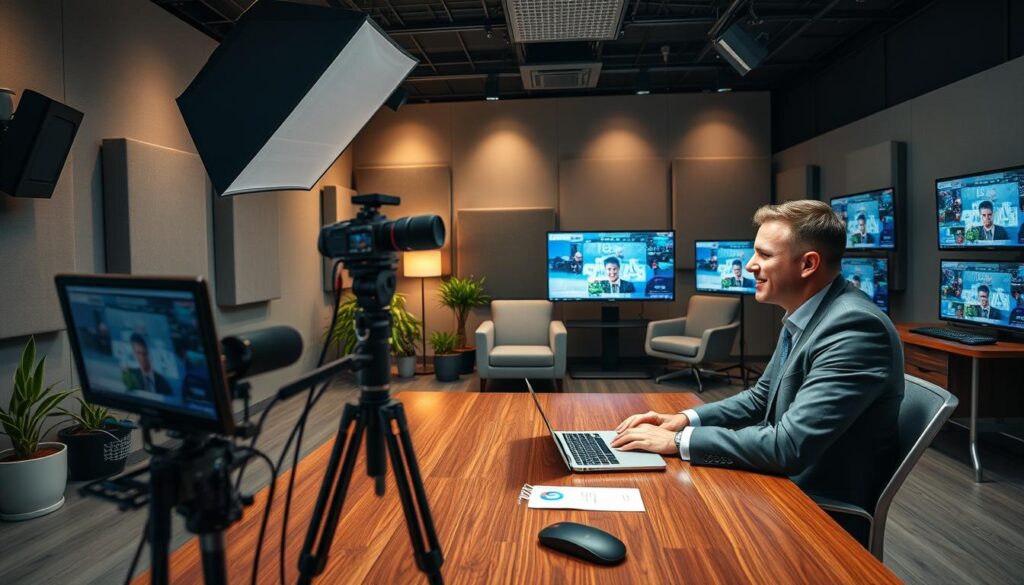 A modern live interview technical setup studio featuring a sleek, well-organized workspace. In the foreground, a professional host wearing business attire sits at a polished wooden desk with a high-quality microphone and a laptop open, displaying streaming software. A camera on a tripod is positioned to capture the host, with soft, diffused lighting illuminating their face from a large softbox overhead. The middle ground showcases a cozy seating area with a guest chair, accented by plants and soundproof panels on the walls. The background includes multiple monitors displaying graphics, chat feeds, and live viewers. The atmosphere is focused and dynamic, with ambient lighting casting a warm glow, conveying professionalism and engagement for the live streaming experience.