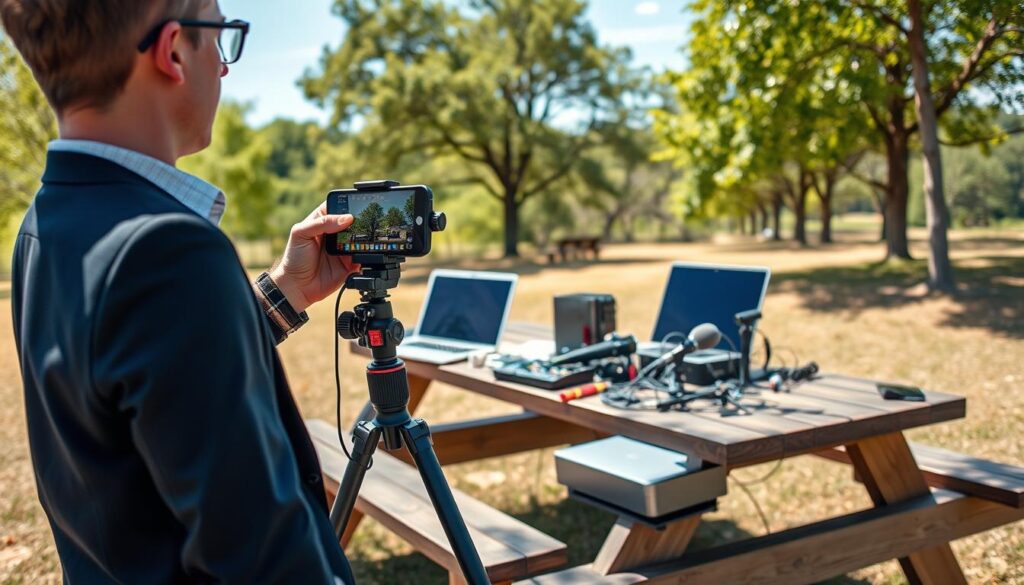A modern outdoor setting depicting a professional content creator using an IRL streaming setup with a bonded cellular connection. In the foreground, the creator, dressed in smart casual attire, is holding a smartphone mounted on a sturdy tripod, connecting the device to a sleek portable cellular router. The middle ground features a picnic table cluttered with technical gadgets, including a laptop, microphones, and mixing equipment, emphasizing a creative workspace in a park. The background showcases a vibrant landscape with green trees and a clear blue sky, evoking a sense of freedom and adventure. Soft, natural sunlight illuminates the scene, casting gentle shadows and creating a lively, energetic atmosphere that embodies the thrill of mobile content creation. A modern outdoor setting depicting a professional content creator using an IRL streaming setup with a bonded cellular connection. In the foreground, the creator, dressed in smart casual attire, is holding a smartphone mounted on a sturdy tripod, connecting the device to a sleek portable cellular router. The middle ground features a picnic table cluttered with technical gadgets, including a laptop, microphones, and mixing equipment, emphasizing a creative workspace in a park. The background showcases a vibrant landscape with green trees and a clear blue sky, evoking a sense of freedom and adventure. Soft, natural sunlight illuminates the scene, casting gentle shadows and creating a lively, energetic atmosphere that embodies the thrill of mobile content creation.
