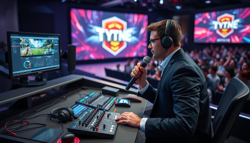 A professional esports tournament casting setup featuring a sleek, modern desk with dual monitors displaying game footage on one screen and analytics tools on the other. In the foreground, a professional commentator in smart casual attire focuses on the screen, holding a microphone with an engaged expression. The middle ground shows high-quality audio equipment, including headphones and a sound mixer, along with vibrant LED lights enhancing the ambiance. In the background, a large screen displays the tournament logo, with blurred silhouettes of an animated audience creating a dynamic atmosphere. The scene is well-lit with soft diffused lighting, giving a professional and energetic feel, captured from a slightly elevated angle to showcase the entire setup. A professional esports tournament casting setup featuring a sleek, modern desk with dual monitors displaying game footage on one screen and analytics tools on the other. In the foreground, a professional commentator in smart casual attire focuses on the screen, holding a microphone with an engaged expression. The middle ground shows high-quality audio equipment, including headphones and a sound mixer, along with vibrant LED lights enhancing the ambiance. In the background, a large screen displays the tournament logo, with blurred silhouettes of an animated audience creating a dynamic atmosphere. The scene is well-lit with soft diffused lighting, giving a professional and energetic feel, captured from a slightly elevated angle to showcase the entire setup.