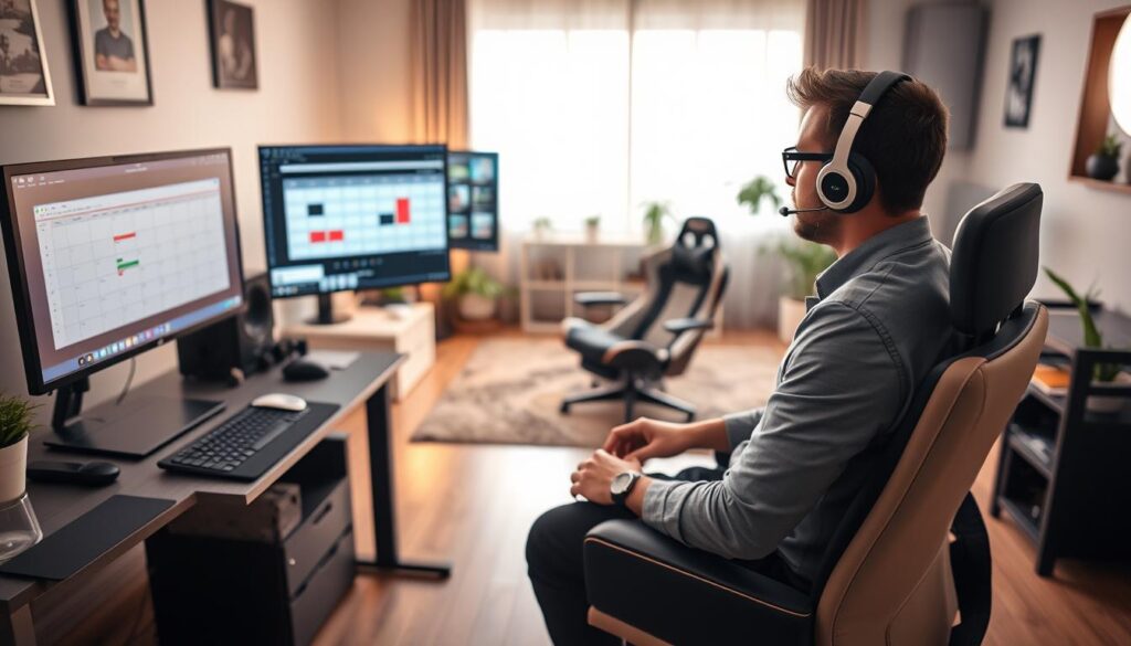 A well-organized workspace scene featuring a dedicated streamer balancing life and work. In the foreground, a focused individual in professional casual attire sits at a sleek desk with dual monitors displaying a streaming interface and a calendar, highlighting a structured schedule. The middle ground shows a cozy living room with personal touches, like a gaming chair and plants, suggesting a comfortable yet productive environment. In the background, soft lighting from a window casts a warm glow, creating a relaxed atmosphere. Use a wide-angle lens to capture the entire scene, emphasizing the balance between work and home life. The mood should convey determination and focus, inspiring viewers to embrace consistency in their streaming efforts. A well-organized workspace scene featuring a dedicated streamer balancing life and work. In the foreground, a focused individual in professional casual attire sits at a sleek desk with dual monitors displaying a streaming interface and a calendar, highlighting a structured schedule. The middle ground shows a cozy living room with personal touches, like a gaming chair and plants, suggesting a comfortable yet productive environment. In the background, soft lighting from a window casts a warm glow, creating a relaxed atmosphere. Use a wide-angle lens to capture the entire scene, emphasizing the balance between work and home life. The mood should convey determination and focus, inspiring viewers to embrace consistency in their streaming efforts.