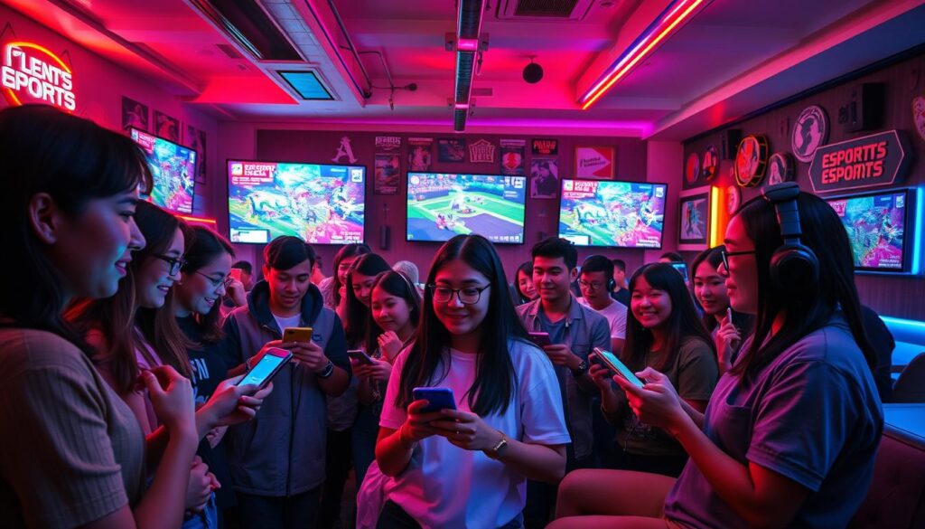 An interactive esports watch party scene featuring an imaginative setup. In the foreground, a diverse group of young adults in modest casual clothing enthusiastically engage with their devices, showcasing a mix of excitement and concentration. The middle ground features large screens displaying vibrant esports tournament gameplay, with animated graphics and vivid colors illuminating the space. Guests interact via chat on their devices, creating an engaging atmosphere that emphasizes viewer participation. The background reveals a cozy lounge area with colorful LED lights, comfortable seating, and esports memorabilia on the walls. The lighting is dynamic, with bright and colorful tones to capture the energetic mood of the event. A wide-angle perspective showcases the bustling environment, highlighting the excitement of viewer interactivity in esports. An interactive esports watch party scene featuring an imaginative setup. In the foreground, a diverse group of young adults in modest casual clothing enthusiastically engage with their devices, showcasing a mix of excitement and concentration. The middle ground features large screens displaying vibrant esports tournament gameplay, with animated graphics and vivid colors illuminating the space. Guests interact via chat on their devices, creating an engaging atmosphere that emphasizes viewer participation. The background reveals a cozy lounge area with colorful LED lights, comfortable seating, and esports memorabilia on the walls. The lighting is dynamic, with bright and colorful tones to capture the energetic mood of the event. A wide-angle perspective showcases the bustling environment, highlighting the excitement of viewer interactivity in esports.