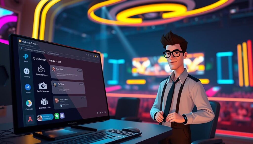 A digital art scene depicting a futuristic virtual workspace focused on moderation tools used for online streaming. In the foreground, a sleek desktop interface displays various banning and muting options, showcasing icons like ban hammers and mute buttons. The middle ground features an animated digital avatar of a professional moderator, dressed in smart casual attire, analyzing chat messages in real time, with a focused expression. The background reveals a stylized representation of a gaming arena, illuminated with vibrant neon colors that create a lively yet controlled atmosphere, suggesting a balance between excitement and moderation. Soft, directional lighting highlights the vital elements of the interface while casting gentle shadows to enhance depth. The mood is serious yet optimistic, reflecting the importance of maintaining a positive online community. A digital art scene depicting a futuristic virtual workspace focused on moderation tools used for online streaming. In the foreground, a sleek desktop interface displays various banning and muting options, showcasing icons like ban hammers and mute buttons. The middle ground features an animated digital avatar of a professional moderator, dressed in smart casual attire, analyzing chat messages in real time, with a focused expression. The background reveals a stylized representation of a gaming arena, illuminated with vibrant neon colors that create a lively yet controlled atmosphere, suggesting a balance between excitement and moderation. Soft, directional lighting highlights the vital elements of the interface while casting gentle shadows to enhance depth. The mood is serious yet optimistic, reflecting the importance of maintaining a positive online community.