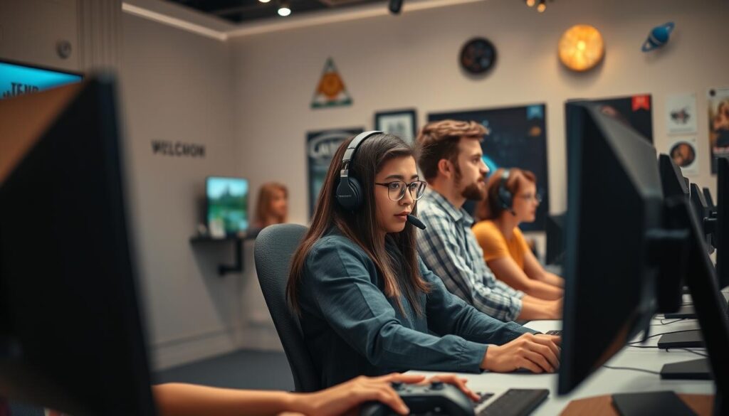A focused scene in a modern gaming environment, featuring a diverse group of professional moderators. In the foreground, a young woman with glasses and a headset, intently monitoring chat on multiple screens, alongside a man with short hair, wearing a smart casual shirt, reviewing a content moderation dashboard. The middle ground includes a well-organized workspace, with gaming elements subtly integrated—controllers, awards, and posters on the walls. The background showcases soft, ambient lighting with space-themed decoration that adds a cozy yet dynamic touch. The mood is collaborative and supportive, illustrating teamwork and vigilance against toxicity in gaming streams. The perspective is slightly angled for depth, capturing both the moderators’ engagement and the lively atmosphere of a gaming hub. A focused scene in a modern gaming environment, featuring a diverse group of professional moderators. In the foreground, a young woman with glasses and a headset, intently monitoring chat on multiple screens, alongside a man with short hair, wearing a smart casual shirt, reviewing a content moderation dashboard. The middle ground includes a well-organized workspace, with gaming elements subtly integrated—controllers, awards, and posters on the walls. The background showcases soft, ambient lighting with space-themed decoration that adds a cozy yet dynamic touch. The mood is collaborative and supportive, illustrating teamwork and vigilance against toxicity in gaming streams. The perspective is slightly angled for depth, capturing both the moderators’ engagement and the lively atmosphere of a gaming hub.