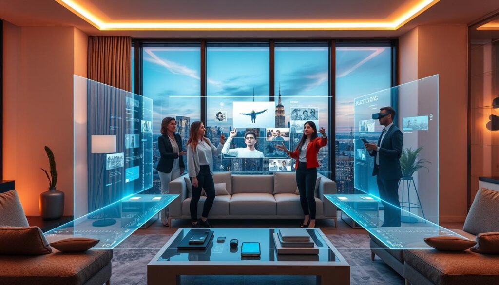 A futuristic living room designed for enhanced viewer interaction, showcasing an advanced holographic display system projecting personalized content streams. In the foreground, a diverse group of four people in professional attire are engaged, using gesture controls to navigate the virtual interface. The middle ground features a sleek coffee table with interactive elements like smart devices and VR headsets. The background shows large windows with a city skyline at dusk, bathed in warm, ambient lighting. The atmosphere is vibrant yet relaxed, conveying excitement about the cutting-edge technology. Soft backlighting enhances the scene's modern feel, while the wide-angle perspective captures the entire layout, emphasizing both the social aspect of streaming and personal engagement.