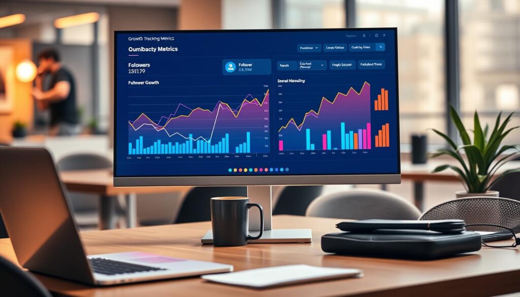 A sophisticated growth tracking metrics dashboard displayed on a sleek modern desktop screen. The foreground features clear, colorful graphs showing follower and viewer growth over time, with line charts and bar graphs vividly illuminated. In the middle ground, a neatly organized workspace with a stylish laptop, coffee mug, and office plant adds a professional touch. The background showcases a softly blurred office environment with warm, ambient lighting creating a focused atmosphere. The scene is shot from a slight angle, highlighting the dashboard while maintaining a balanced composition. The overall mood is analytical and inspiring, reflecting a sense of progress and strategic growth in digital analytics. The image is devoid of text, ensuring a clean, professional appearance.