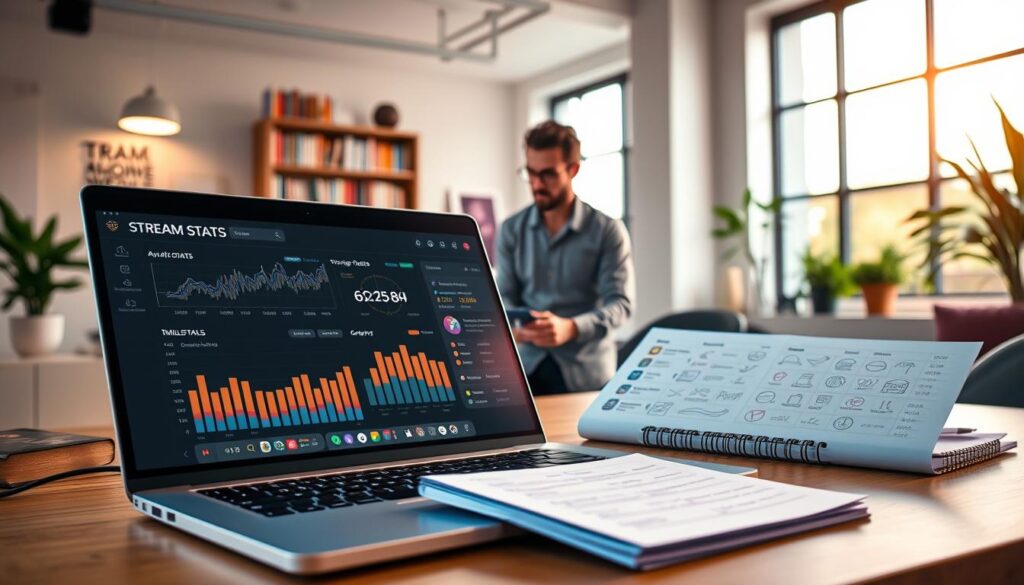 A vibrant and dynamic workspace showcasing "stream stats milestone tracking". In the foreground, a sleek laptop with an open analytics dashboard displaying graphs, charts, and key performance indicators related to streaming milestones. Beside it, a notepad filled with milestone goals and checkmarks. In the middle ground, a casual professional dressed in modest attire, focused on analyzing data. The background features a modern office setting with soft lighting that creates a warm atmosphere, large windows, and a bookshelf filled with motivational books. The angle is slightly elevated, capturing the essence of productivity. The overall mood is inspiring and forward-looking, reflecting growth and success in the streaming industry.