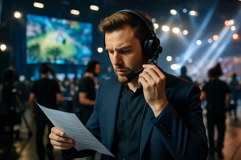 Creator recording a vertical gaming news segment in front of a monitor setup