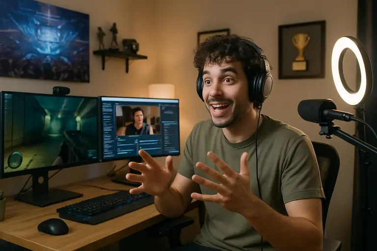 Creator studio with several screens showing a live tournament and audience chat