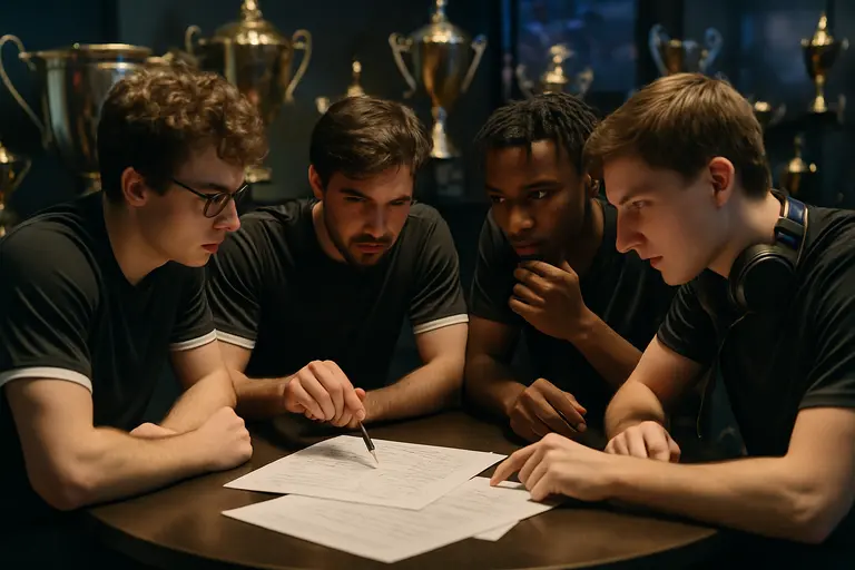 Esports analyst recording a breakdown with match notes and a microphone