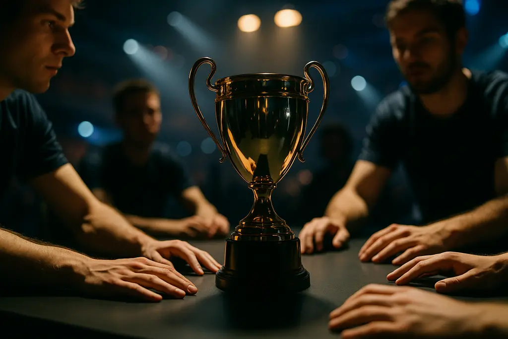 Esports World Cup players seated at practice PCs before a major stage match