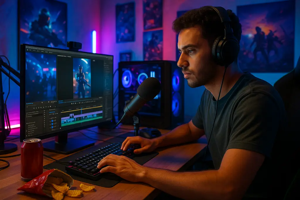 Gaming creator editing a Netflix short-form video strategy board beside a streaming setup