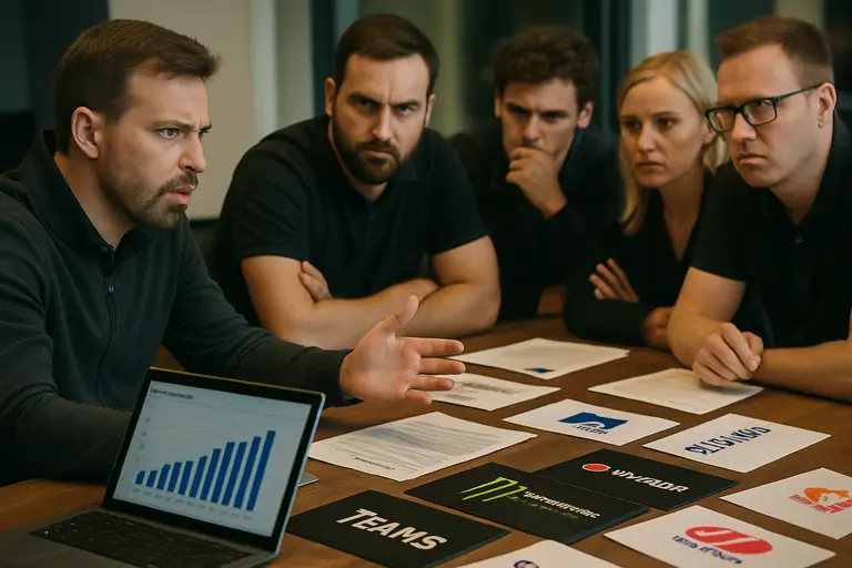 Partnership team discussing campaign materials near esports jerseys
