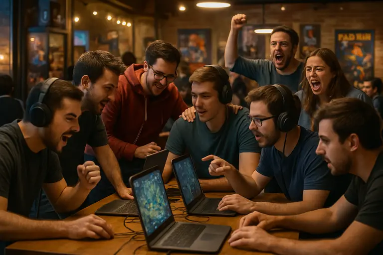 Small group of players watching a raid encounter on shared screens