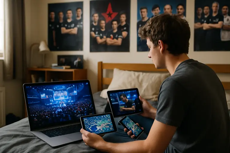 Young viewers watching esports together across laptops and phones
