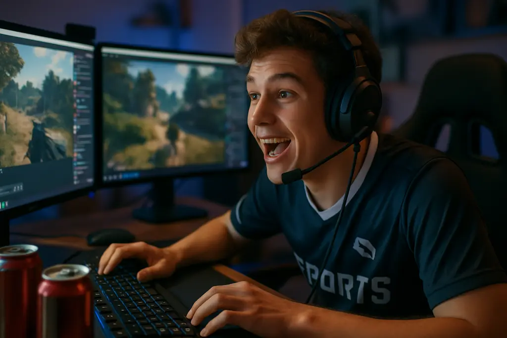 August streaming metrics dashboard beside an esports creator setup