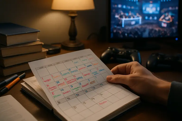 A production schedule and headset placed beside a gaming controller