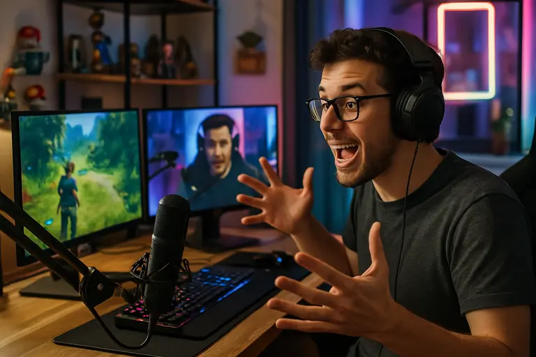 Streamer desk with headset, microphone, and live match feed on screen