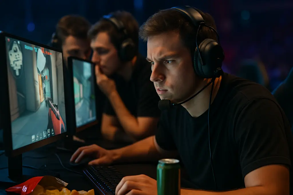 competitive VALORANT play stage setup with players at opposing desks